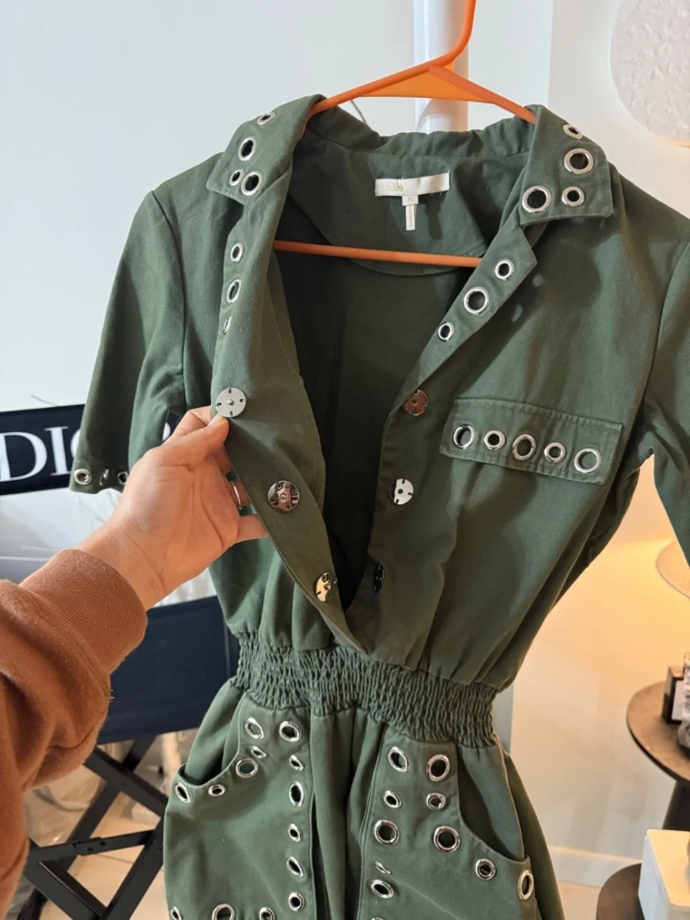 Maje Olive Green Eyelet Utility Mini Dress w silver accents - Picture 5 of 12